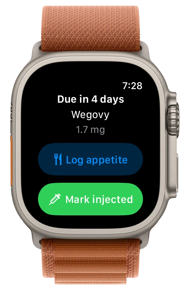 Traqr on Apple Watch — log appetite or mark an injection in a tap