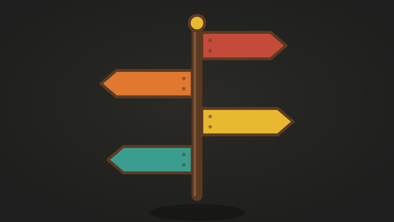 Retro illustration of a signpost with several arrows on a charcoal background