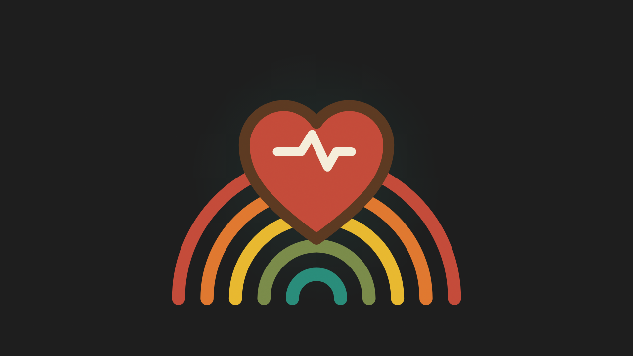 Retro illustration of a quietening sound wave settling over a multi-colour sunrise arc on a charcoal background