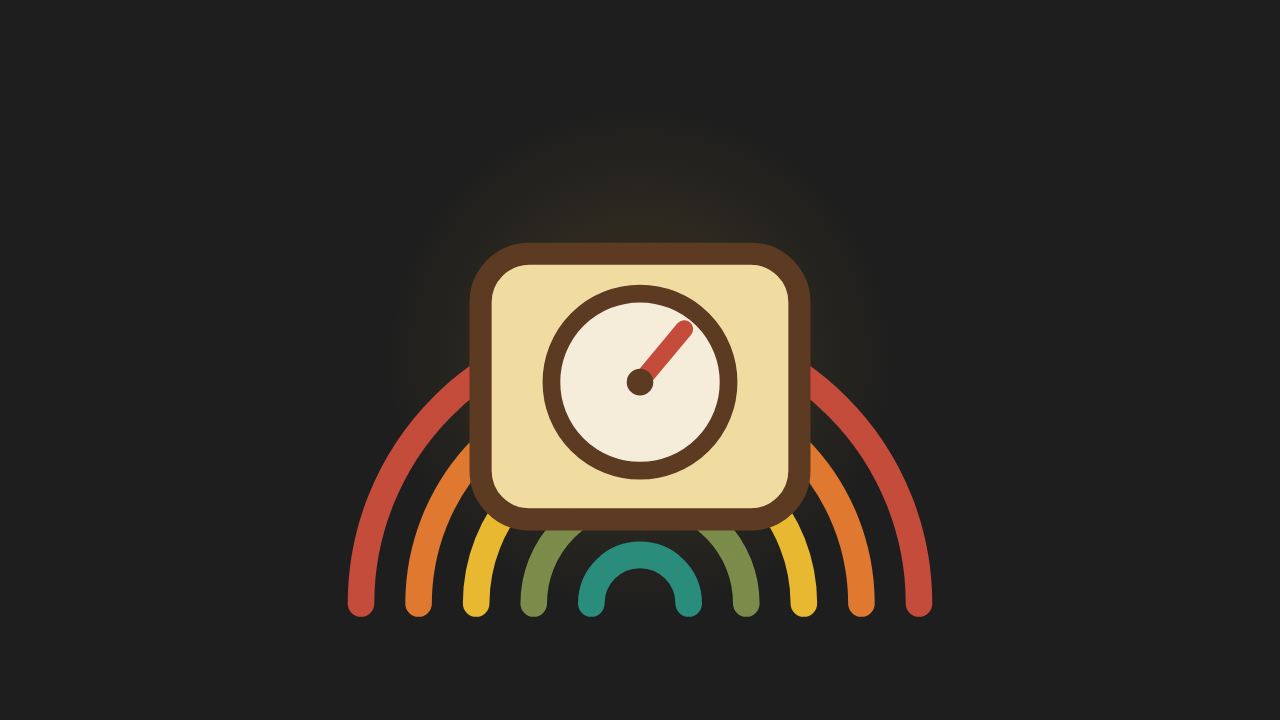 Retro illustration of a weighing scale above a multi-colour sunrise arc on a charcoal background