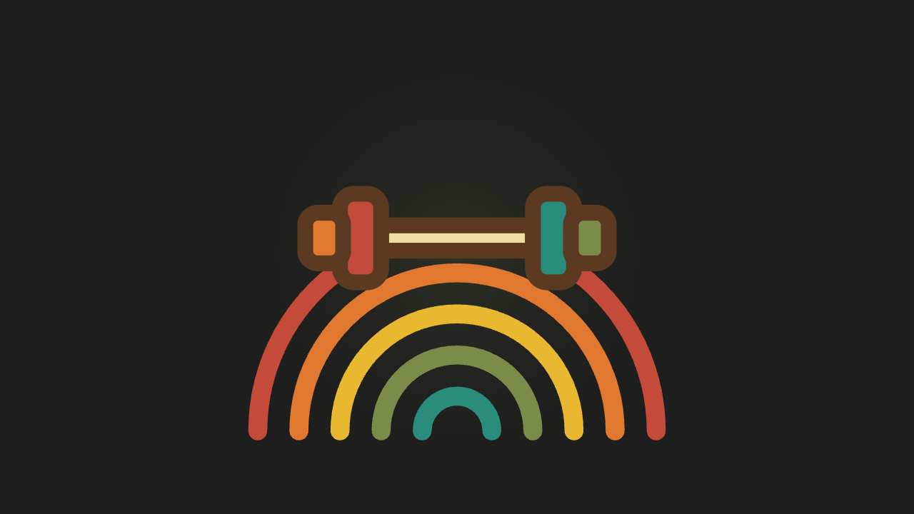 Retro illustration of a dumbbell resting above a multi-colour rainbow arc