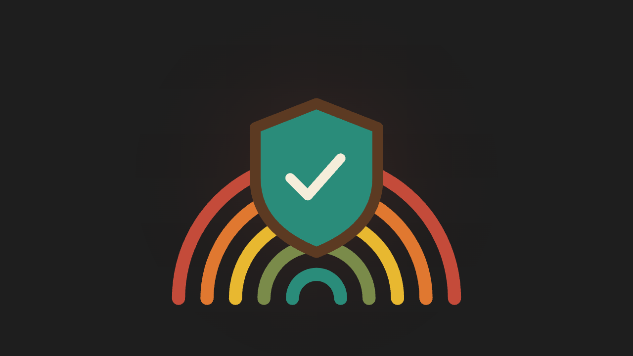 Retro illustration of a teal shield with a white checkmark above a multi-colour rainbow arc on a charcoal background