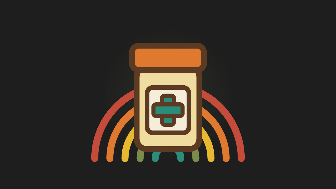 Retro illustration of a pill bottle above a rainbow arc