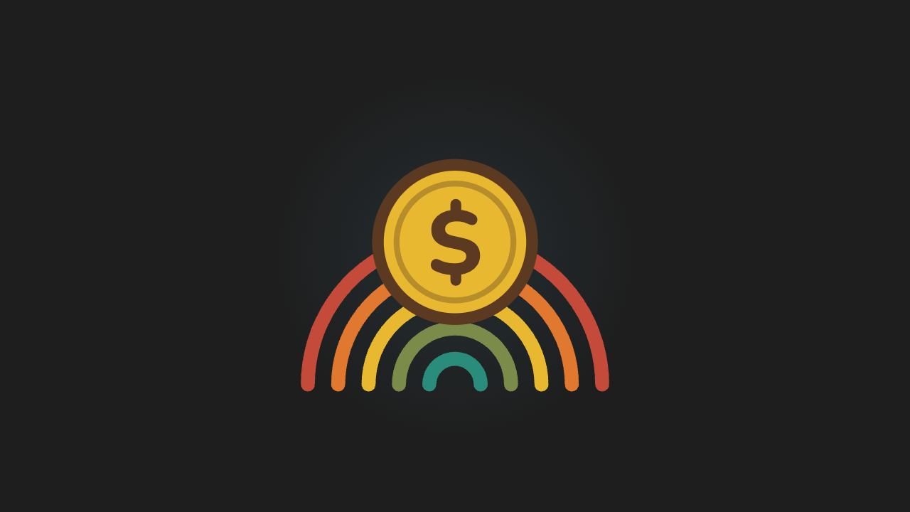 Retro illustration of a dollar coin above a rainbow arc