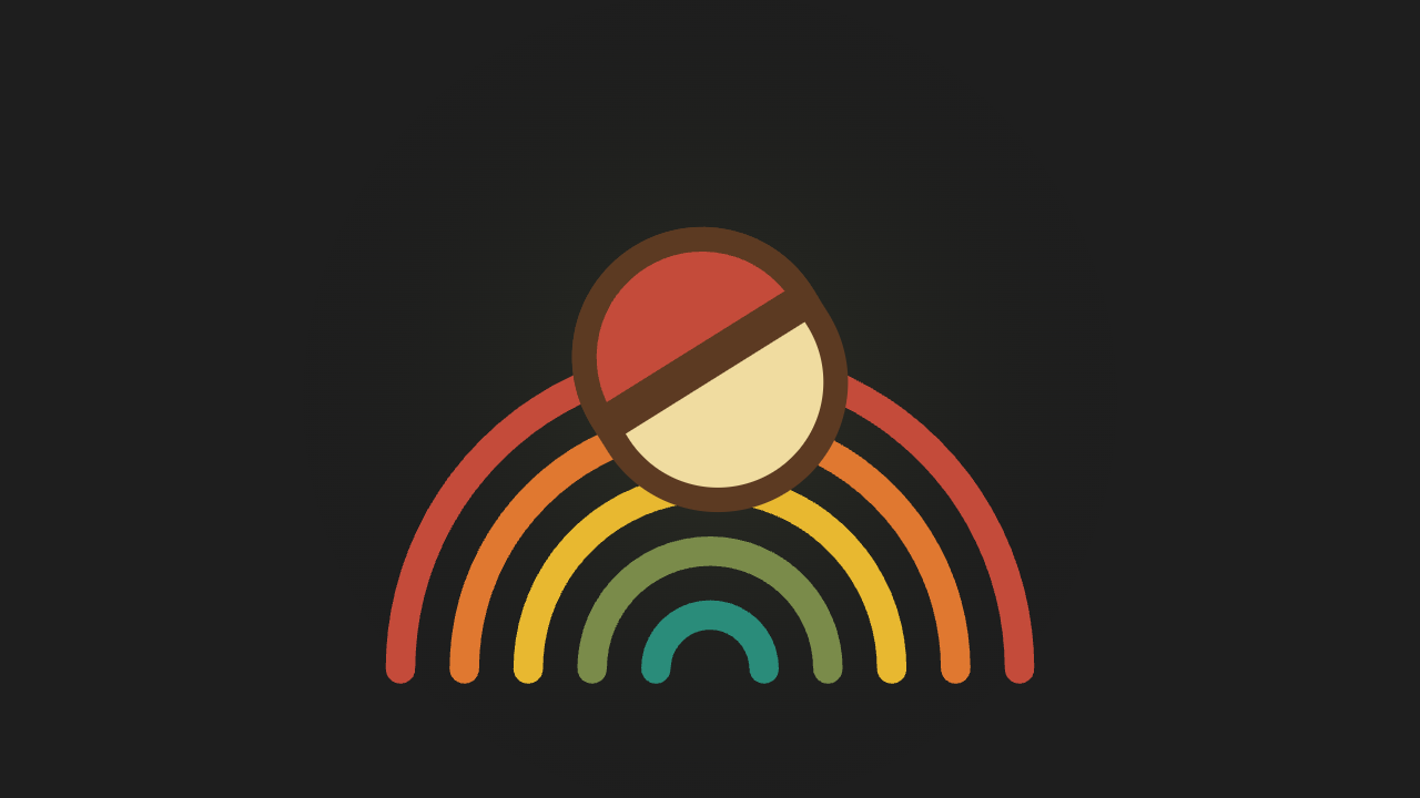 Retro illustration of a two-tone capsule pill above a multi-colour rainbow arc