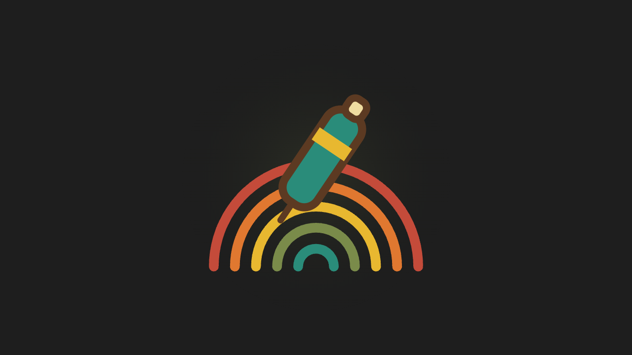 Retro illustration of an injection pen above a rainbow arc