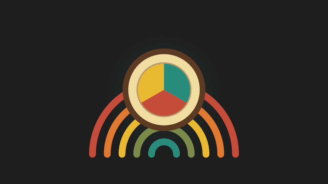 Retro illustration of a divided food plate above a rainbow arc in teal and gold on a charcoal background